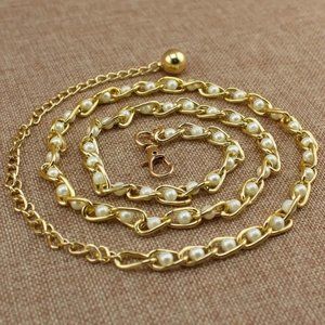 Chain Belt Thin Waist Pearl Beads Metal Gold Drop Dangle Stylish Trendy Accent